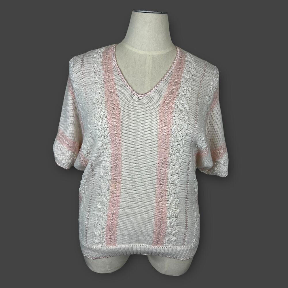 VTG 80s 90s Nubby‎ Pastel Pink White Sweater XL Short Sleeve Large Coquette